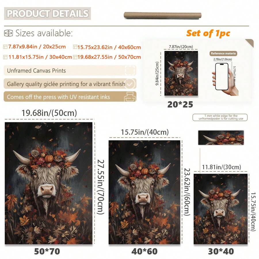 Size chart for Highland cow canvas poster in 20 by 25 through 50 by 70 cm