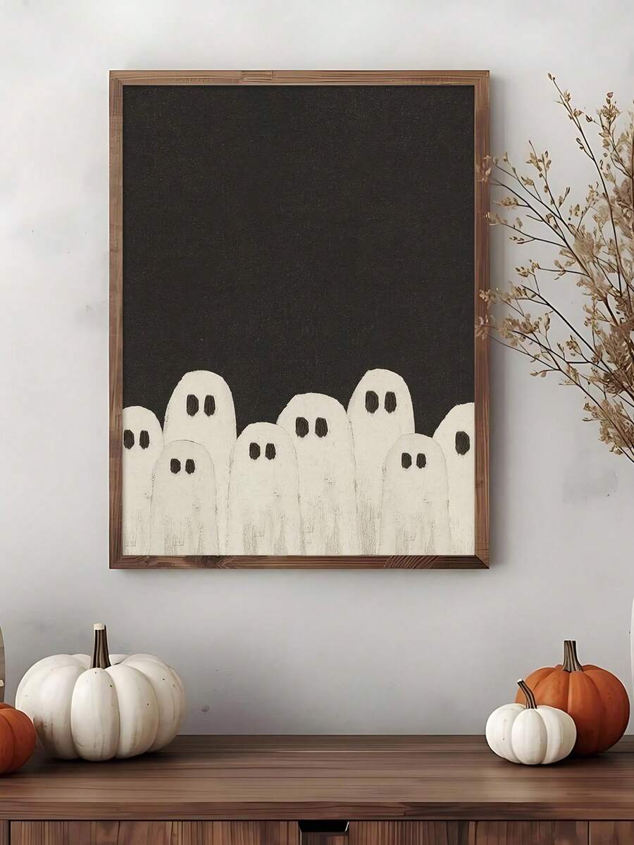 Vintage dark academia Halloween canvas poster in shadowy room setting