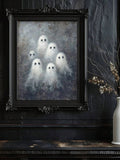 Spooky black cat and ghost poster styled with pumpkins and candles