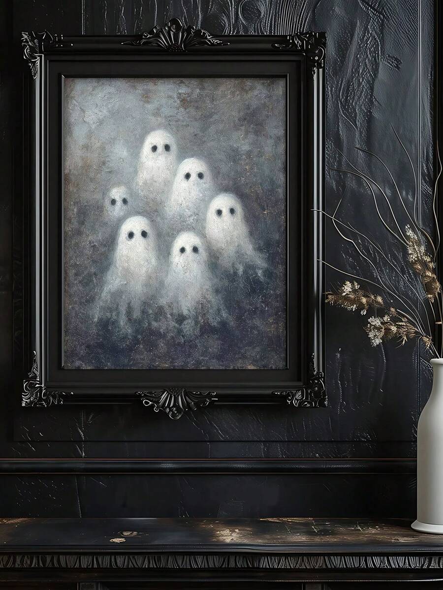 Spooky black cat and ghost poster styled with pumpkins and candles