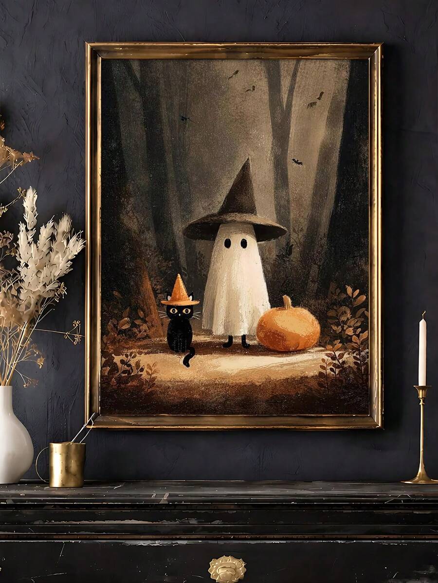 Framed gothic Halloween wall art displayed above ornate mantel decor