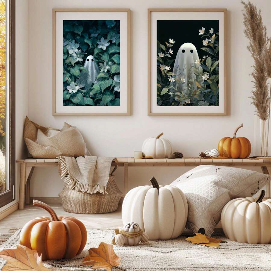 Light-framed ghost botanical prints above an autumn bench with cushions and pumpkins
