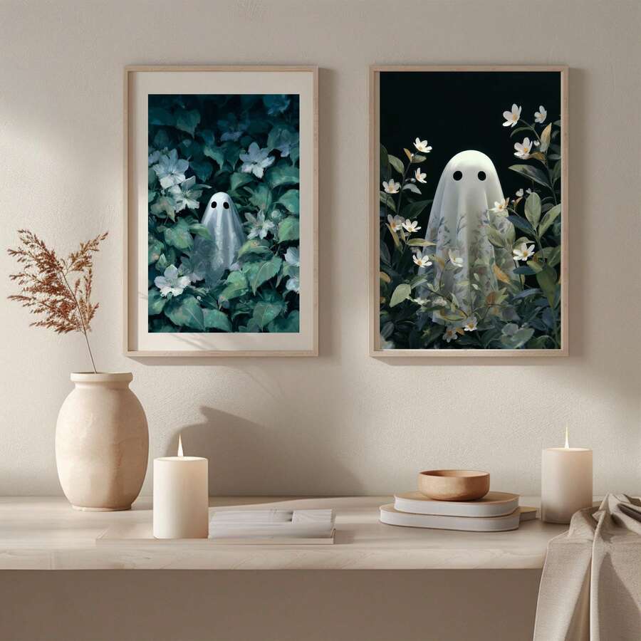 Pale-framed ghost flower prints above a minimalist console with candles and books
