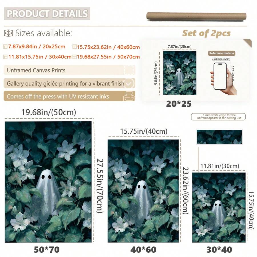 Ghost botanical canvas poster set size guide from 20x25 to 50x70 cm