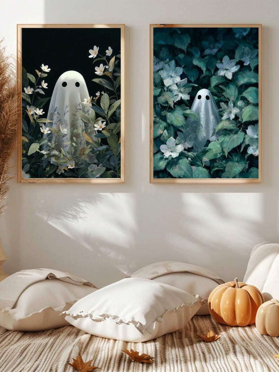 Framed ghost botanical prints above a Halloween mantel with candles and pumpkins