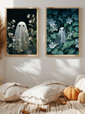Gold-framed ghost flower prints above a neutral bedroom with pumpkins