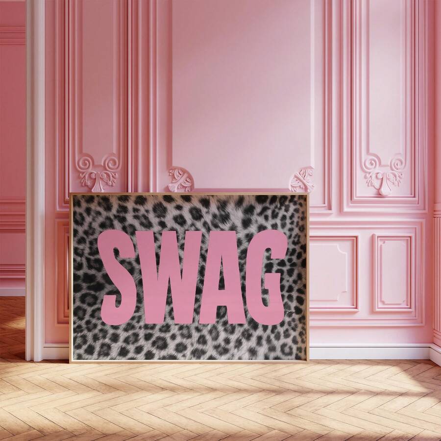 Pink SWAG leopard print canvas poster staged in a rosy paneled room