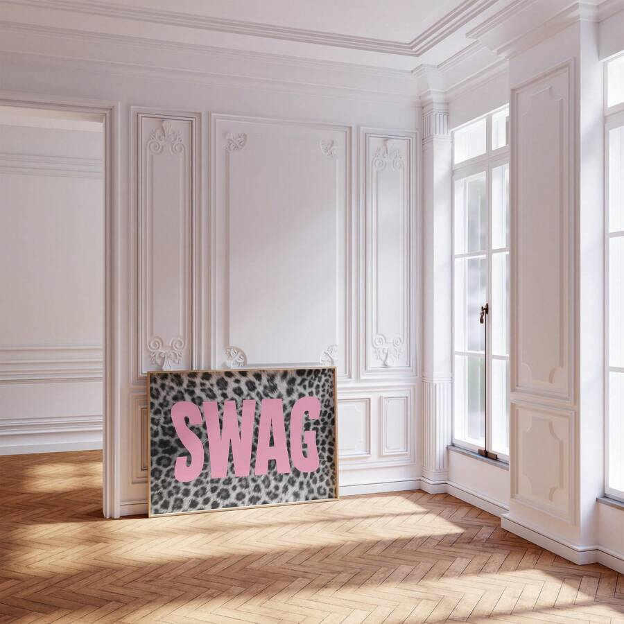 Pink SWAG leopard wall print leaning in a bright ornate windowed room