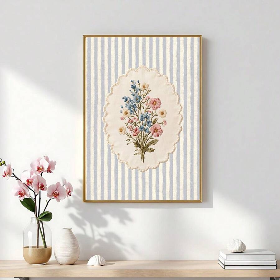 Vintage Blue Striped Bouquet Flower Canvas poster with charming cottagecore style. Perfect for farmhouse, French country, kitchen, bedroom, and cozy decor.