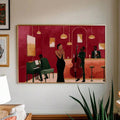 Large framed jazz lounge print above living room seating with Black musicians