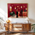 Framed jazz performance artwork above a mid-century sideboard in a sunlit room