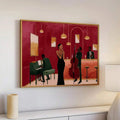 Gold framed red jazz club wall art above a white cabinet with singer and bassist