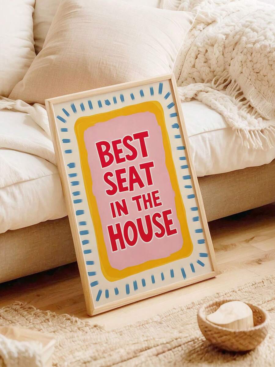 Playful pink framed artwork with mustard and blue accents