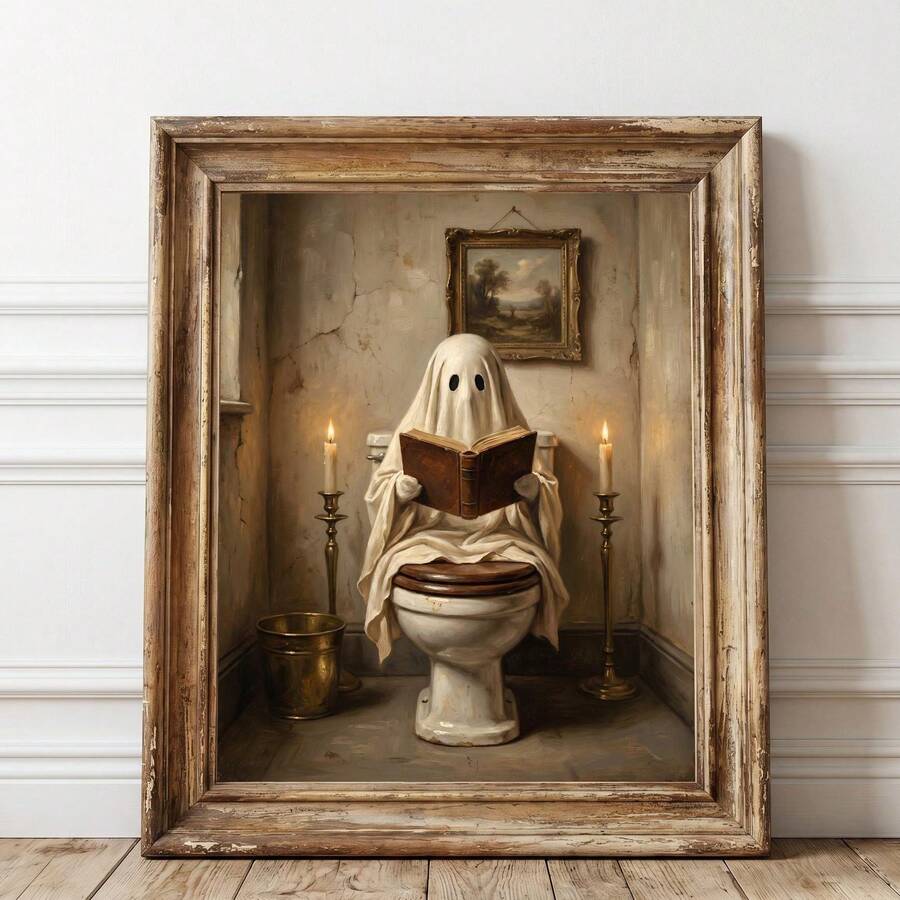 Vintage ghost reading on a toilet bathroom wall art
