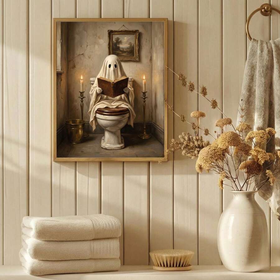 Framed ghost reading artwork with candlelit vintage styling