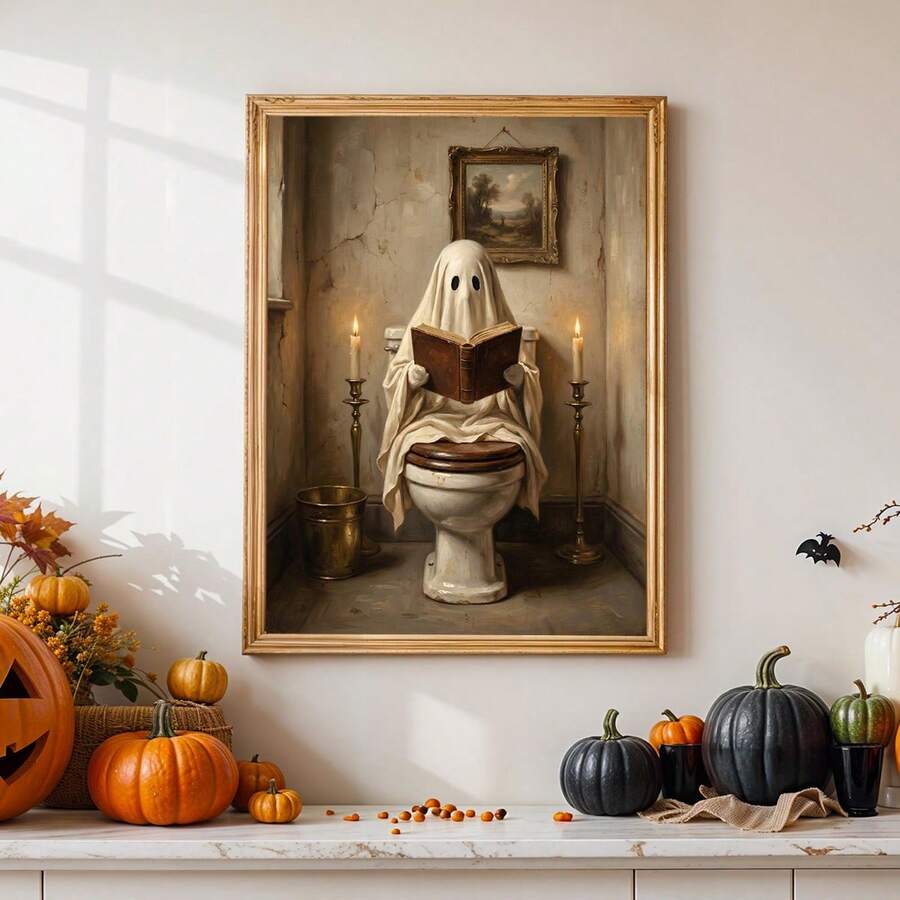 Dark academia bathroom wall painting with aged wood frame