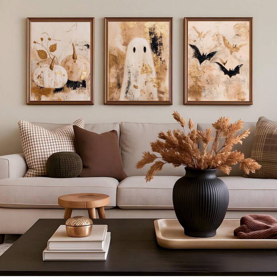 Framed pumpkin ghost and bat paintings above a beige sofa