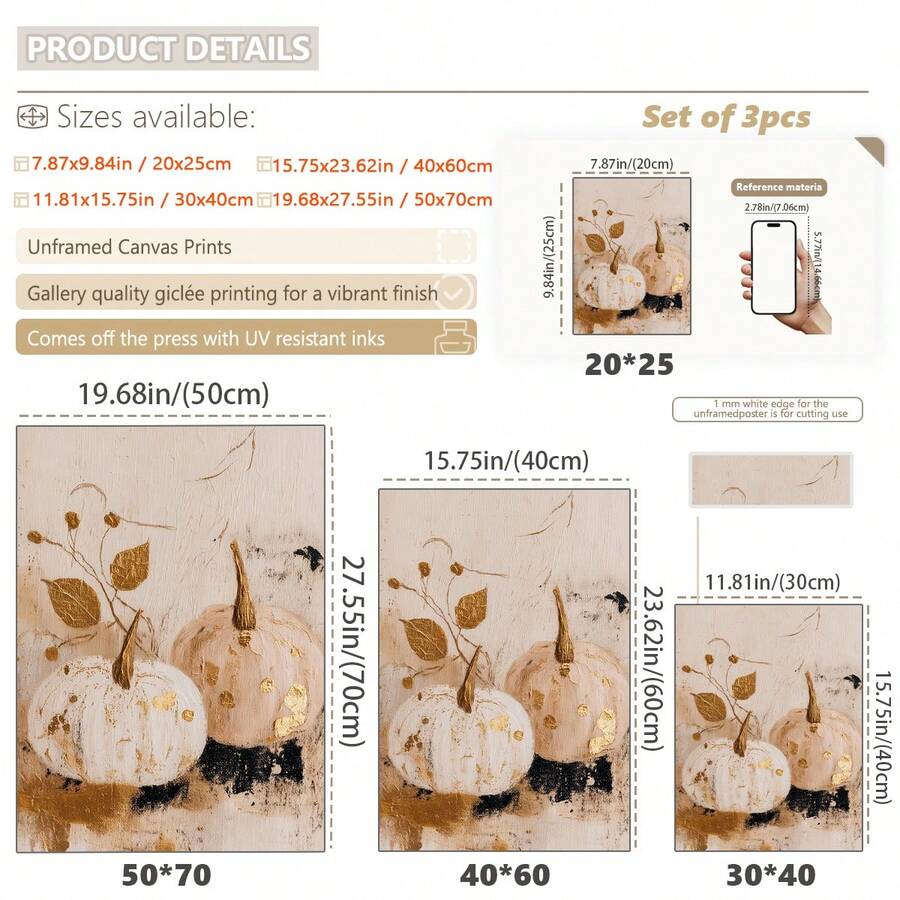 Abstract pumpkin canvas print size guide from 20x25 to 50x70 cm