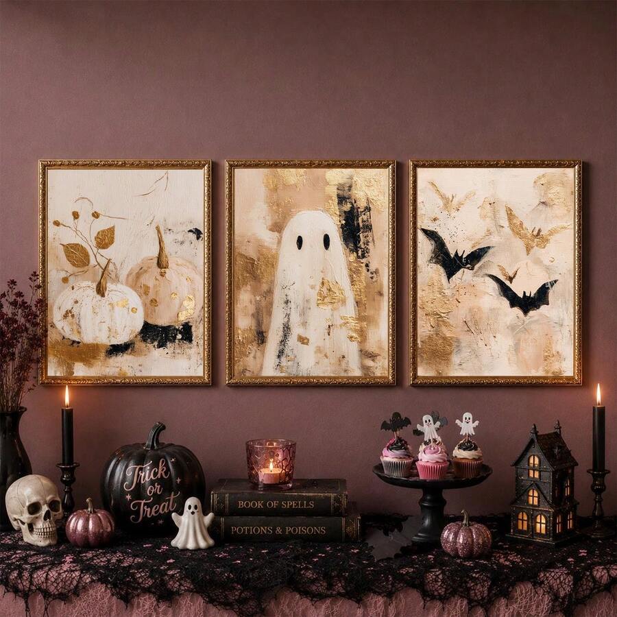 Framed pumpkin ghost and bat art over a candlelit Halloween table
