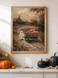 Farmhouse Halloween wall decor with barn and warm orange tones
