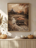 Vintage ghost and bats autumn wall art in a wood-look frame