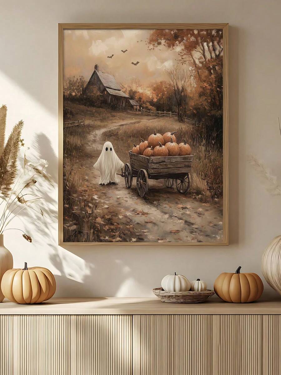 Vintage ghost and bats autumn wall art in a wood-look frame