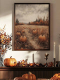 Seasonal pumpkin landscape artwork above a console