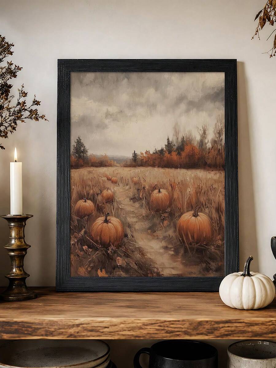 Rustic autumn pumpkin field landscape canvas poster