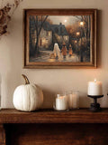 Gothic Halloween Canvas poster showing children walking toward a haunted manor. Perfect for dark academia, vintage, gothic, autumn, and spooky decor.