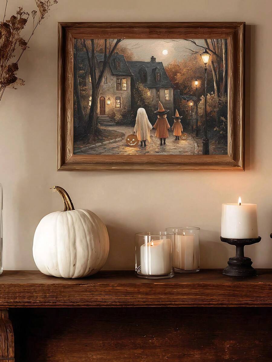 Gothic Halloween Canvas poster showing children walking toward a haunted manor. Perfect for dark academia, vintage, gothic, autumn, and spooky decor.