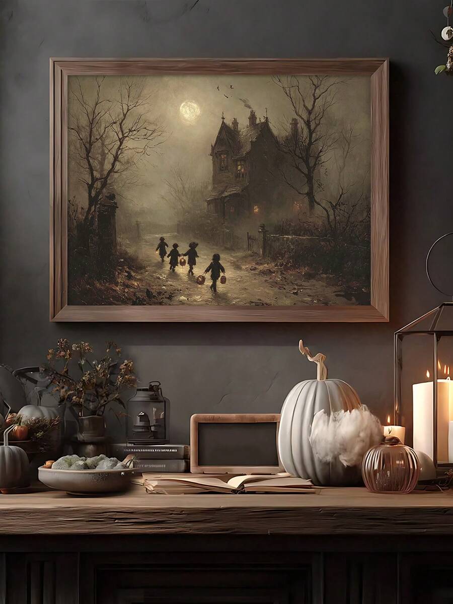 Gothic Halloween Canvas poster showing children walking toward a haunted manor. Perfect for dark academia, vintage, gothic, autumn, and spooky decor.