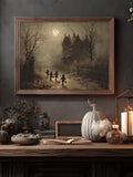 Gothic Halloween Canvas poster showing children walking toward a haunted manor. Perfect for dark academia, vintage, gothic, autumn, and spooky decor.