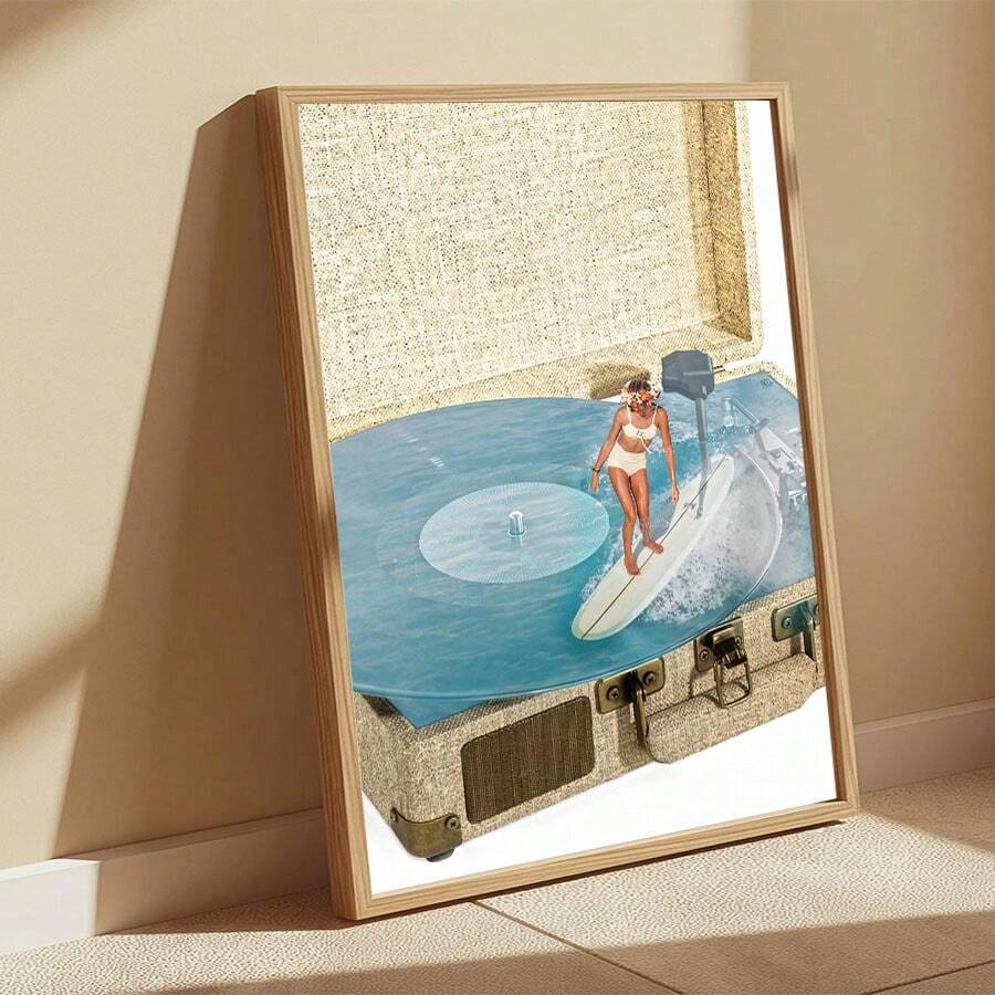 Bohemian Ocean Wave Vintage Gramophone Surfing Girl Canvas Poster