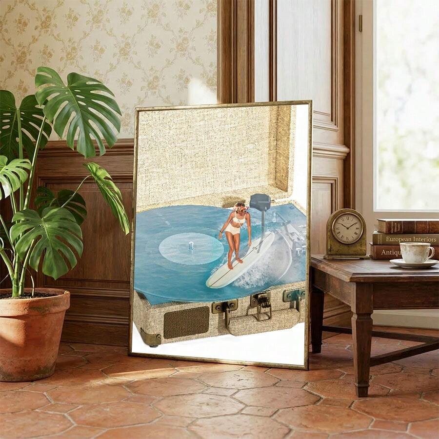 Bohemian Ocean Wave Vintage Gramophone Surfing Girl Canvas Poster