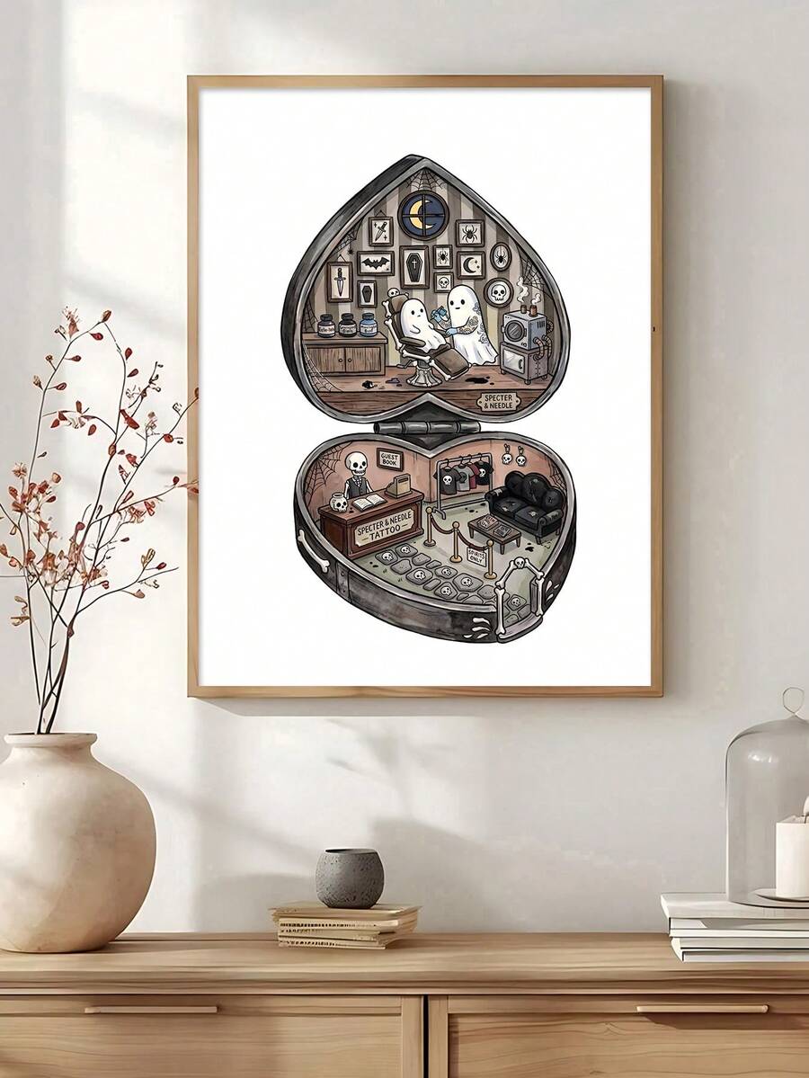 Spooky skeleton tattoo artist wall art in gothic cartoon style