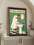 Spooky tattoo parlor poster with framed occult art and waiting area