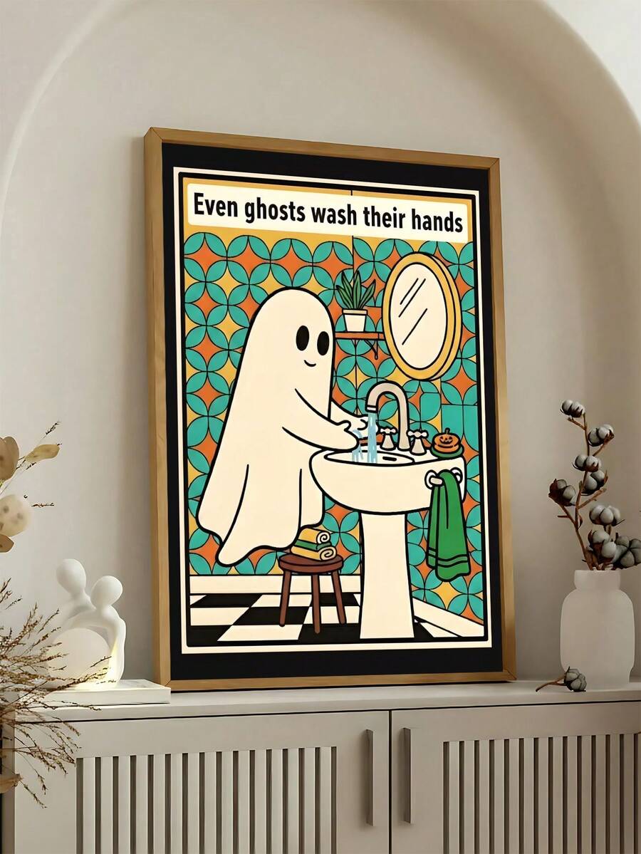 Spooky tattoo parlor poster with framed occult art and waiting area