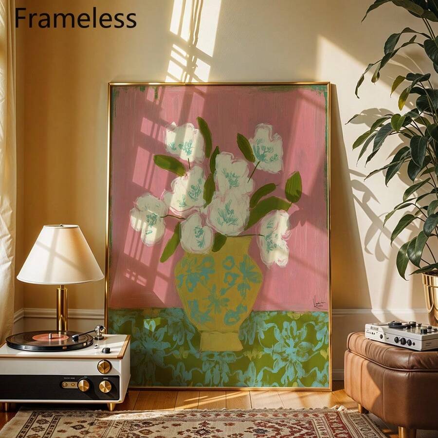 Botanical flower canvas in framed option styled in a sunny music corner