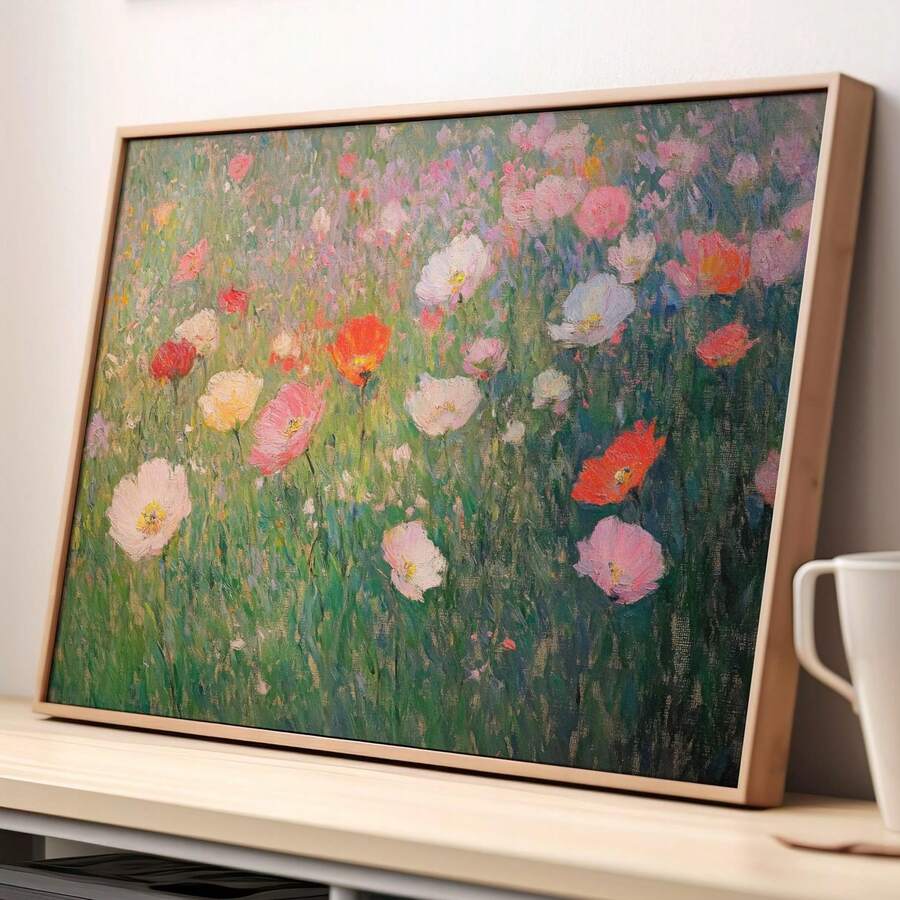 Close-up angled view of textured botanical canvas and frame depth