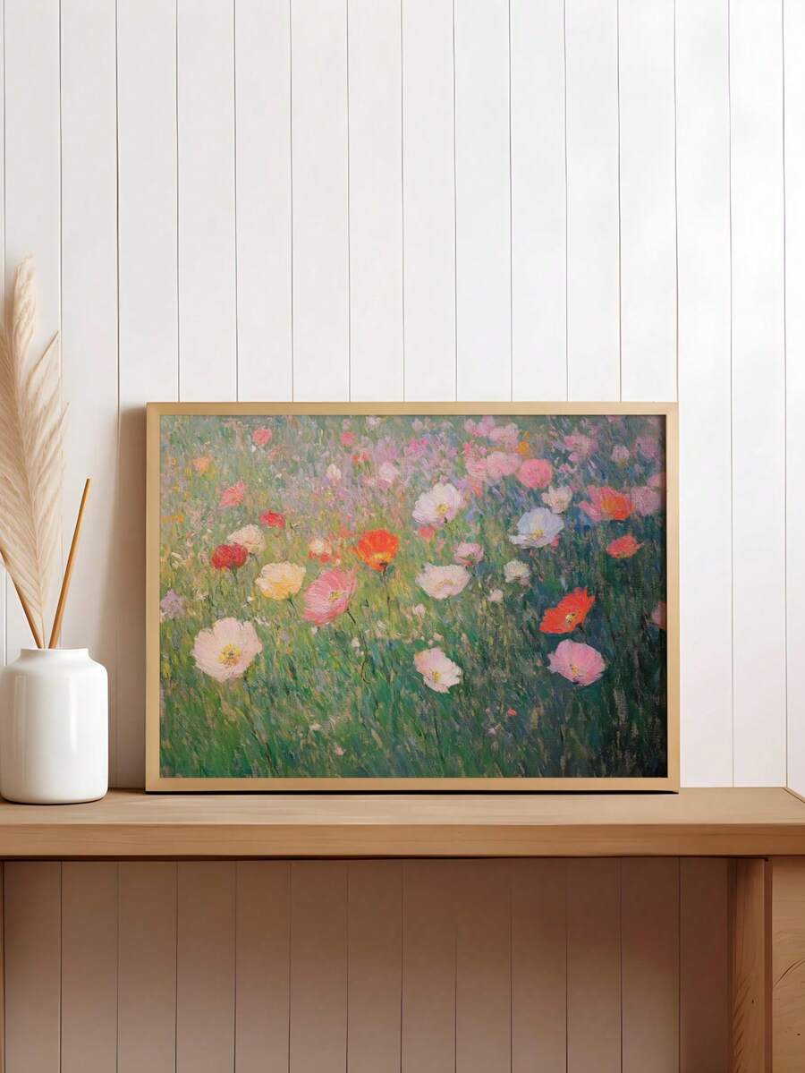 Wildflower meadow canvas artwork leaning on a cabinet with pampas grass