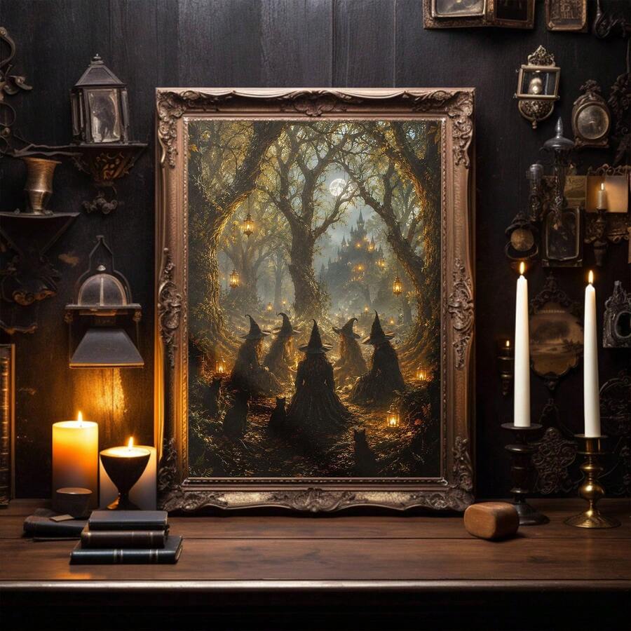 Witch and black cat moonlight poster styled with books and candles