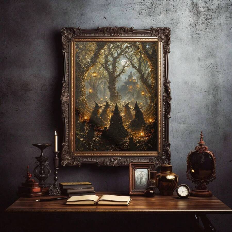 Ornate framed dark academia witch artwork above an antique desk