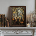 Dark framed witch coven forest art beside a leafy houseplant