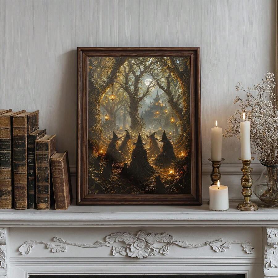 Dark framed witch coven forest art beside a leafy houseplant