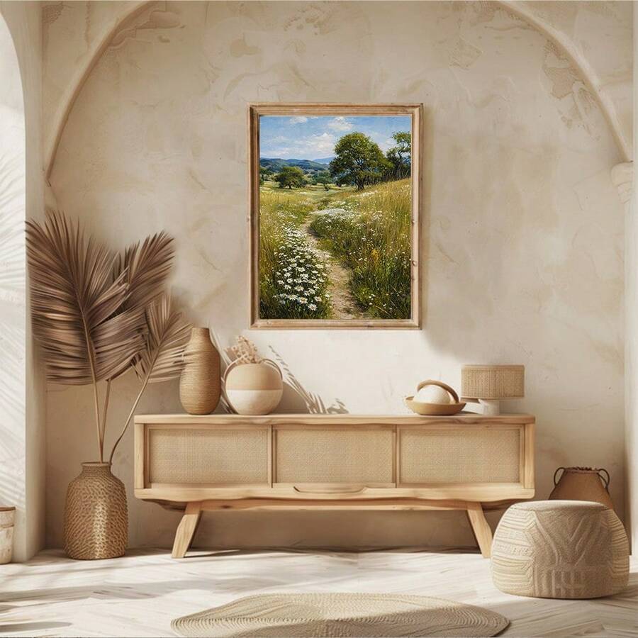 Distressed wood framed meadow wall art in a warm Mediterranean living room