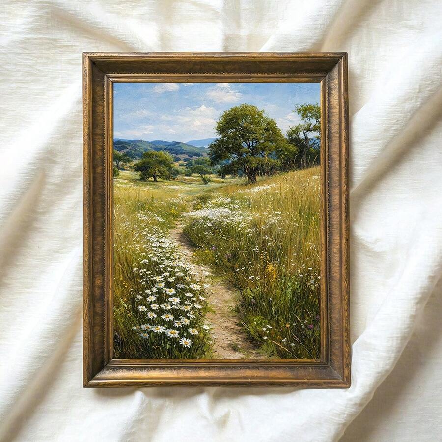 Ornate antique gold framed countryside daisy canvas displayed on white fabric