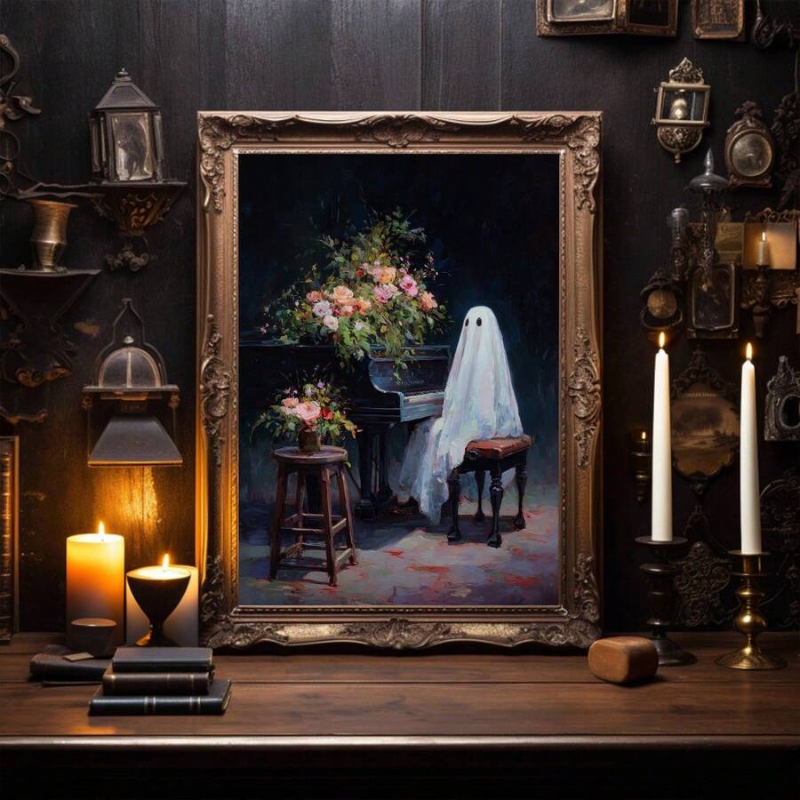The Dark Academia Ghost Playing Piano Vintage Gothic Oil Painting Canvas Poster combines haunting mystery with the timeless elegance of classical art. A ghostly figure playing the piano is portrayed through rich oil-painting textures, dramatic shadows, and vintage gothic details, creating an atmospheric scene filled with dark academia charm. The moody composition evokes old libraries, candlelit rooms, and mysterious stories from another era.