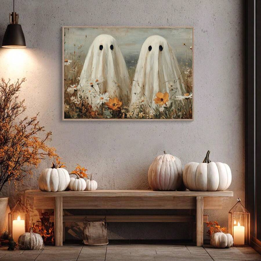 Pastoral ghost canvas print above a fall entryway bench