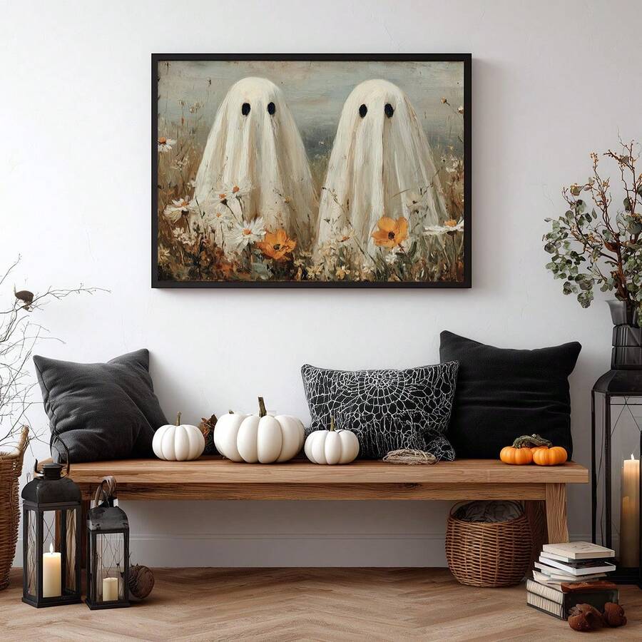 Ghost wildflower wall art above a bench with Halloween pumpkins