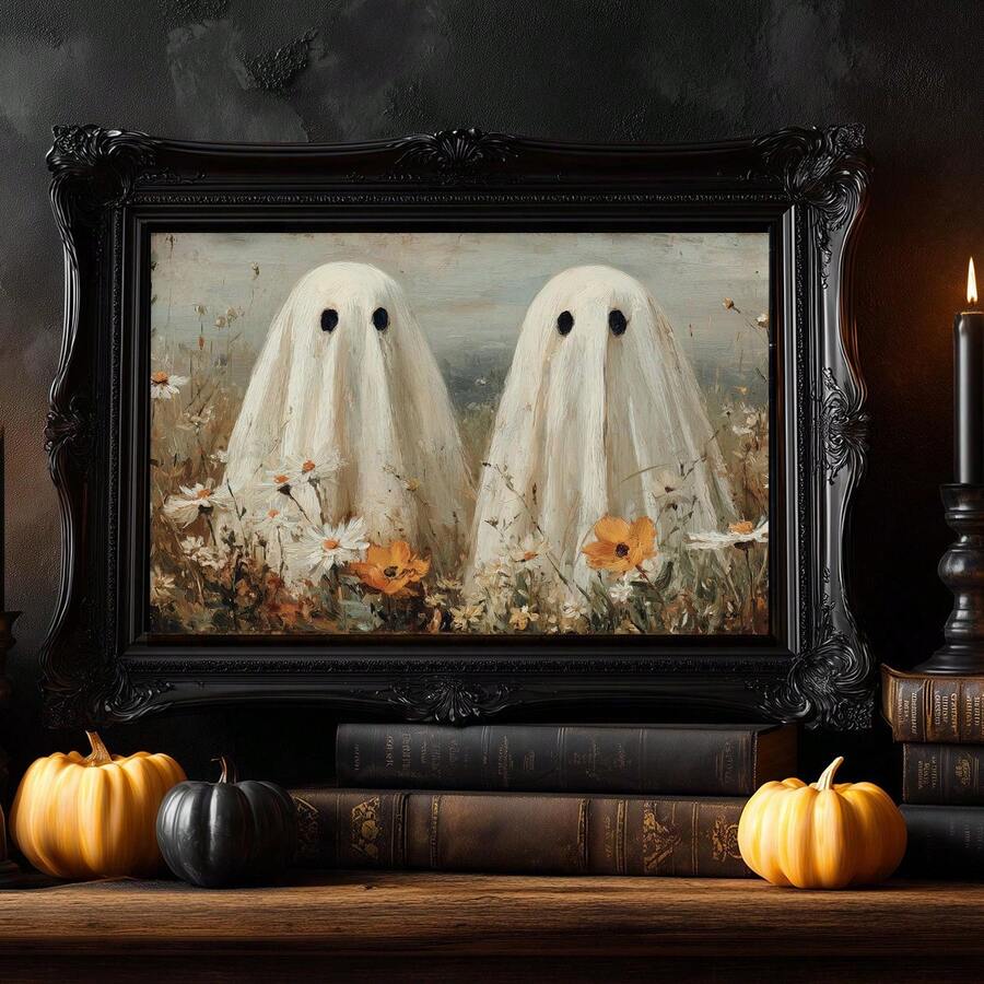 Two white ghosts in a meadow displayed in an ornate dark frame